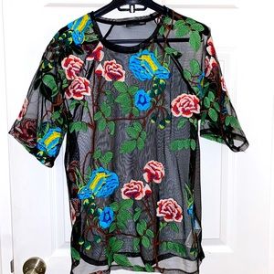 Zara Mesh Top with Embroidery Flowers
